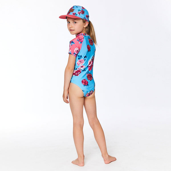 Printed Short Sleeve One Piece Rashguard Pink & Blue Roses - E30NG11_000