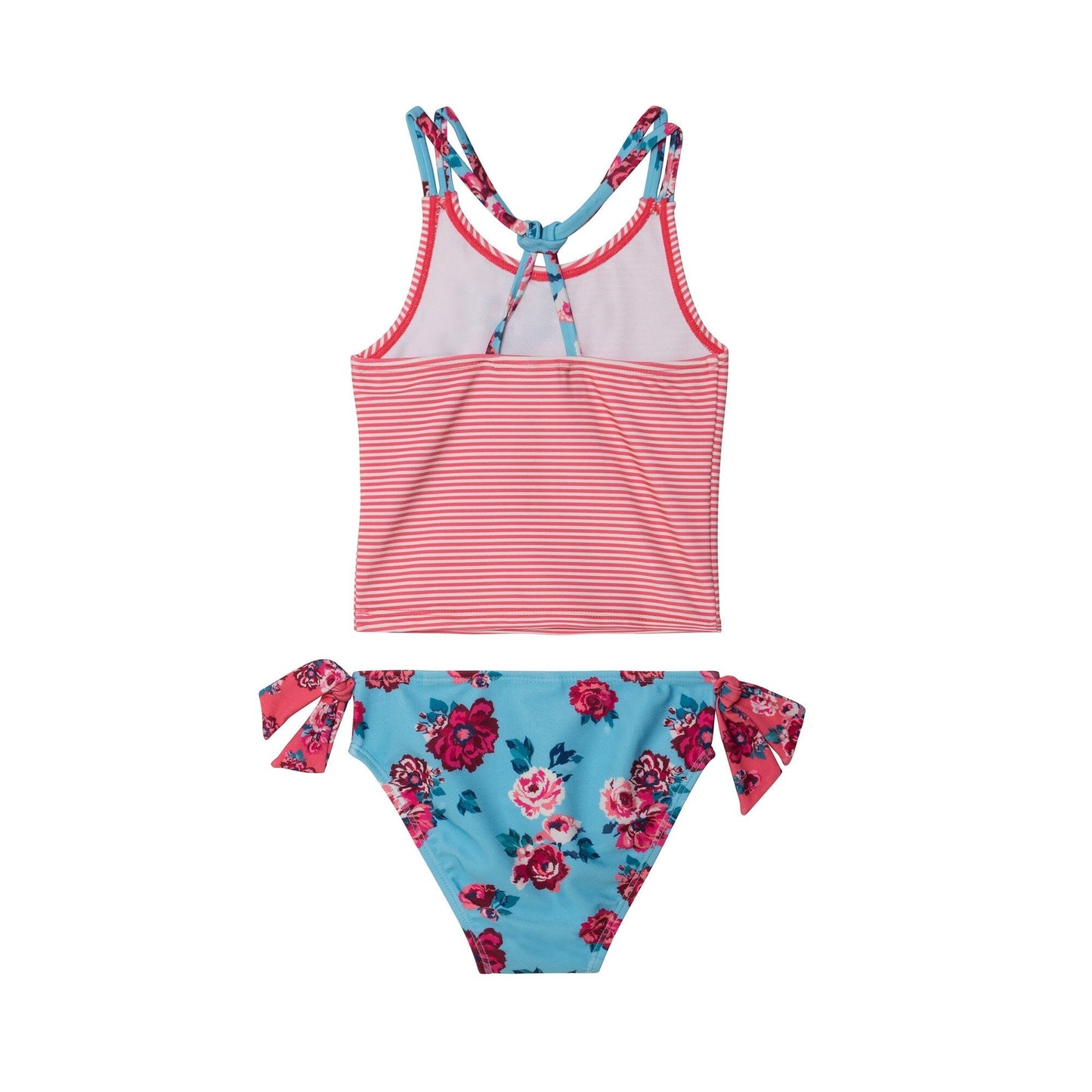 Printed Two Piece Swimsuit Pink Stripe & Blue Roses - E30NG12_000
