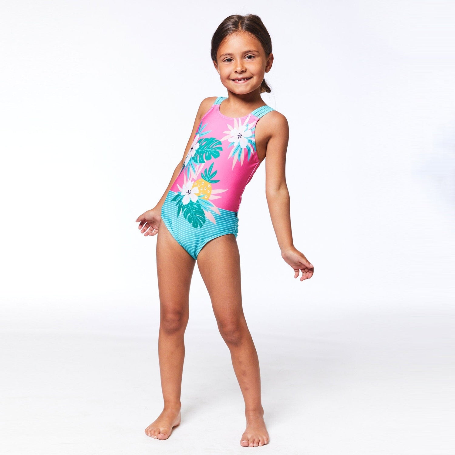 Printed One Piece Swimsuit Pink & Green Tropical Flowers - E30NG51_000