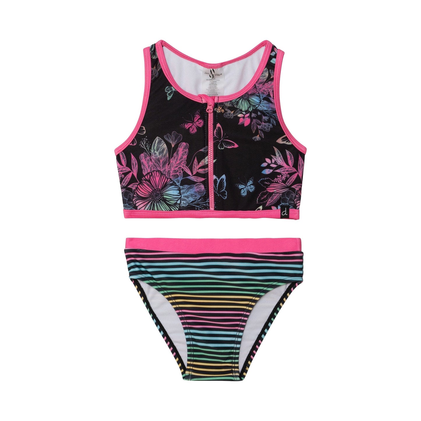 Printed Two Piece Swimsuit Black Butterflies & Multicolor Stripes - E30NG62_000