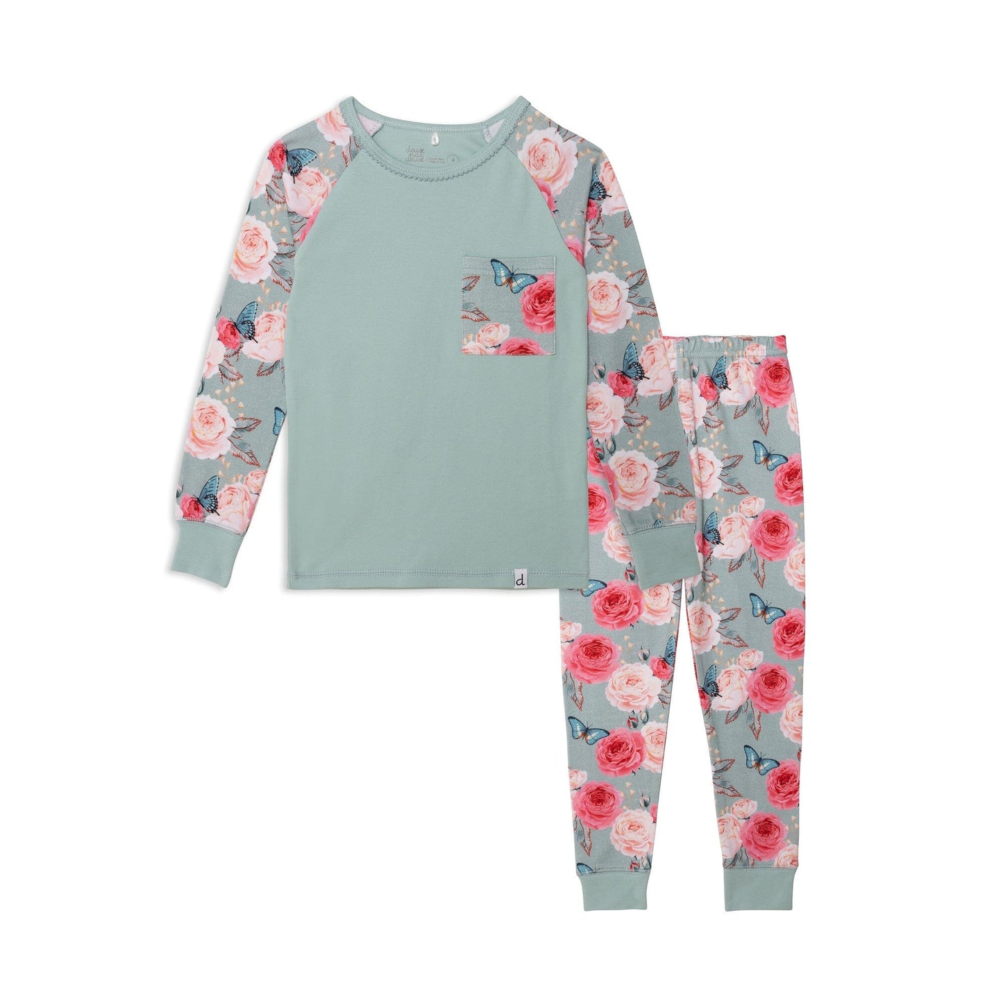 Organic Cotton Two Piece Printed Pajama Set Blue Roses & Butterflies - E30PG10_036