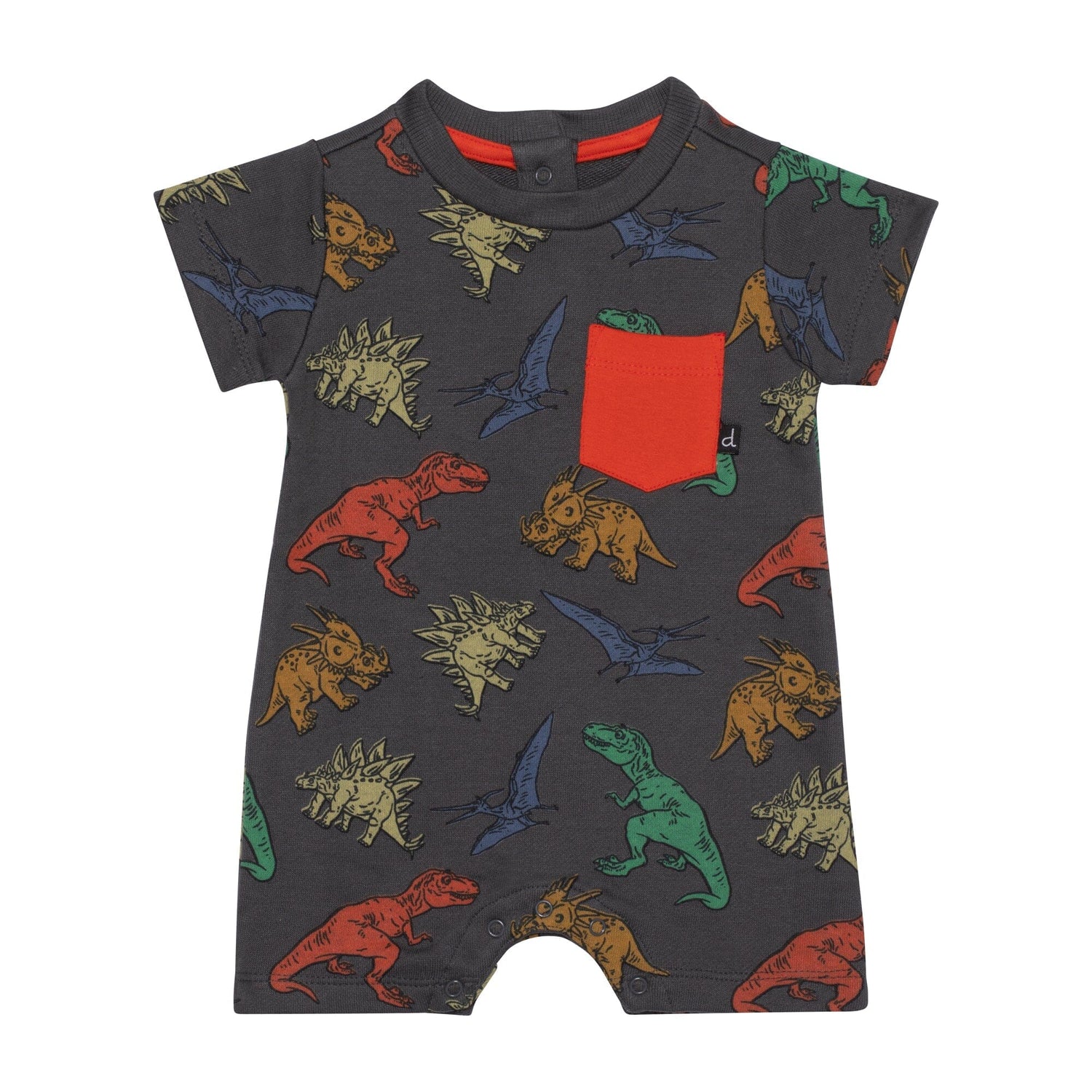 Printed French Terry Romper Charcoal Grey Multicolor Dinosaurs - E30S40_090