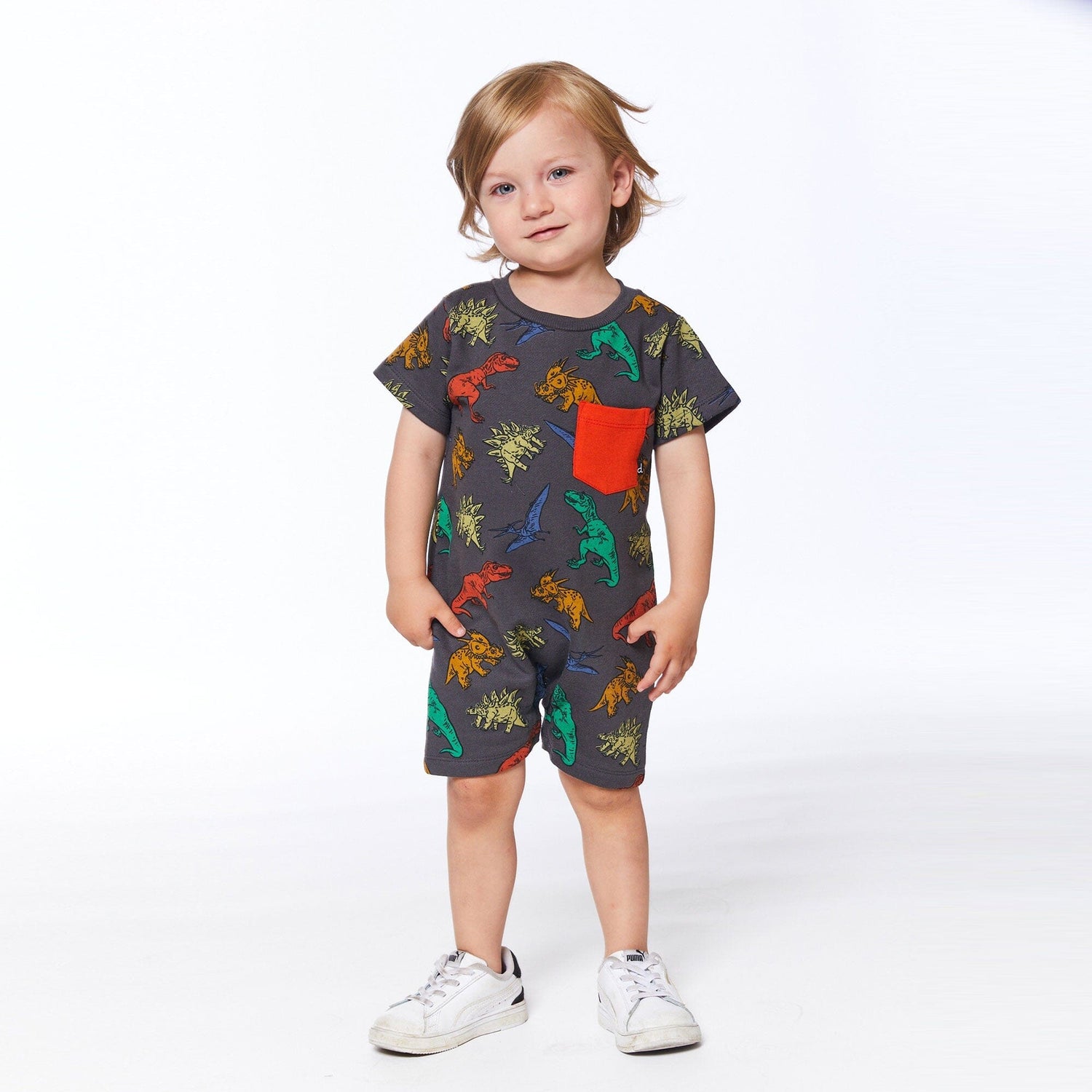 Printed French Terry Romper Charcoal Grey Multicolor Dinosaurs - E30S40_090